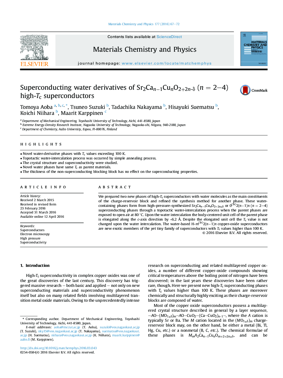 Superconducting water derivatives of Sr2Can−1CunO2+2n-δ (n = 2–4) high-Tc superconductors