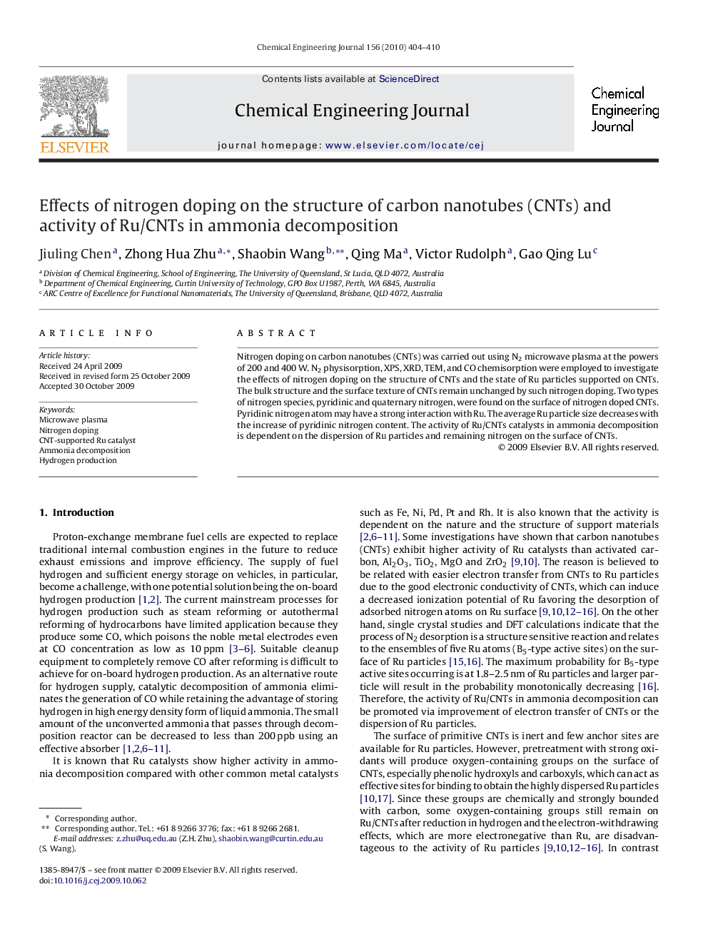 عکس صفحه اول مقاله: Effects of nitrogen doping on the structure of carbon nanotubes (CNTs) and activity of Ru/CNTs in ammonia decomposition Effects of nitrogen doping on the structure of carbon nanotubes (CNTs) and activity of Ru/CNTs in ammonia decomposition