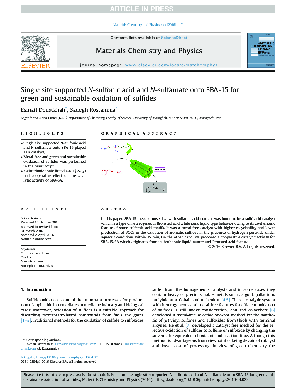 Single site supported N-sulfonic acid and N-sulfamate onto SBA-15 for green and sustainable oxidation of sulfides