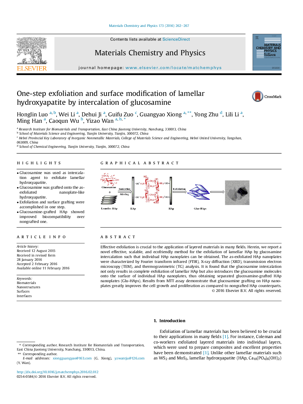 One-step exfoliation and surface modification of lamellar hydroxyapatite by intercalation of glucosamine