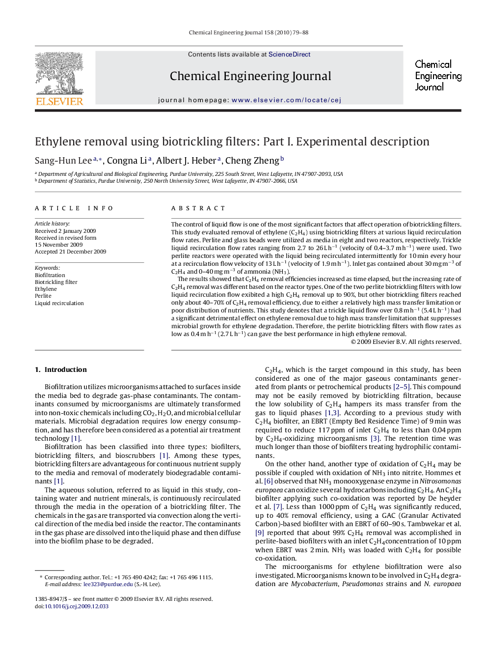 Ethylene removal using biotrickling filters: Part I. Experimental description