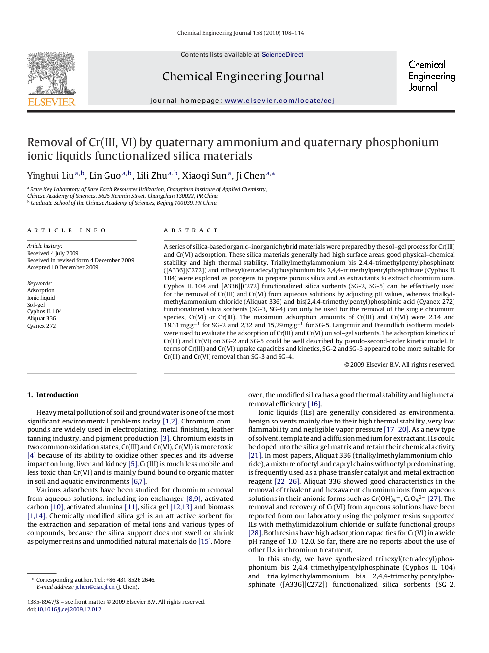 عکس صفحه اول مقاله: Removal of Cr(III, VI) by quaternary ammonium and quaternary phosphonium ionic liquids functionalized silica materials Removal of Cr(III, VI) by quaternary ammonium and quaternary phosphonium ionic liquids functionalized silica materials