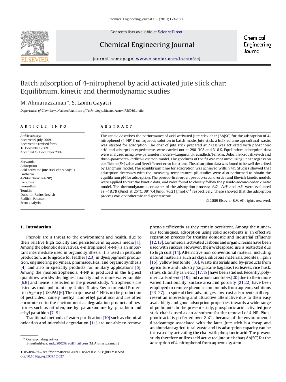 Batch adsorption of 4-nitrophenol by acid activated jute stick char: Equilibrium, kinetic and thermodynamic studies