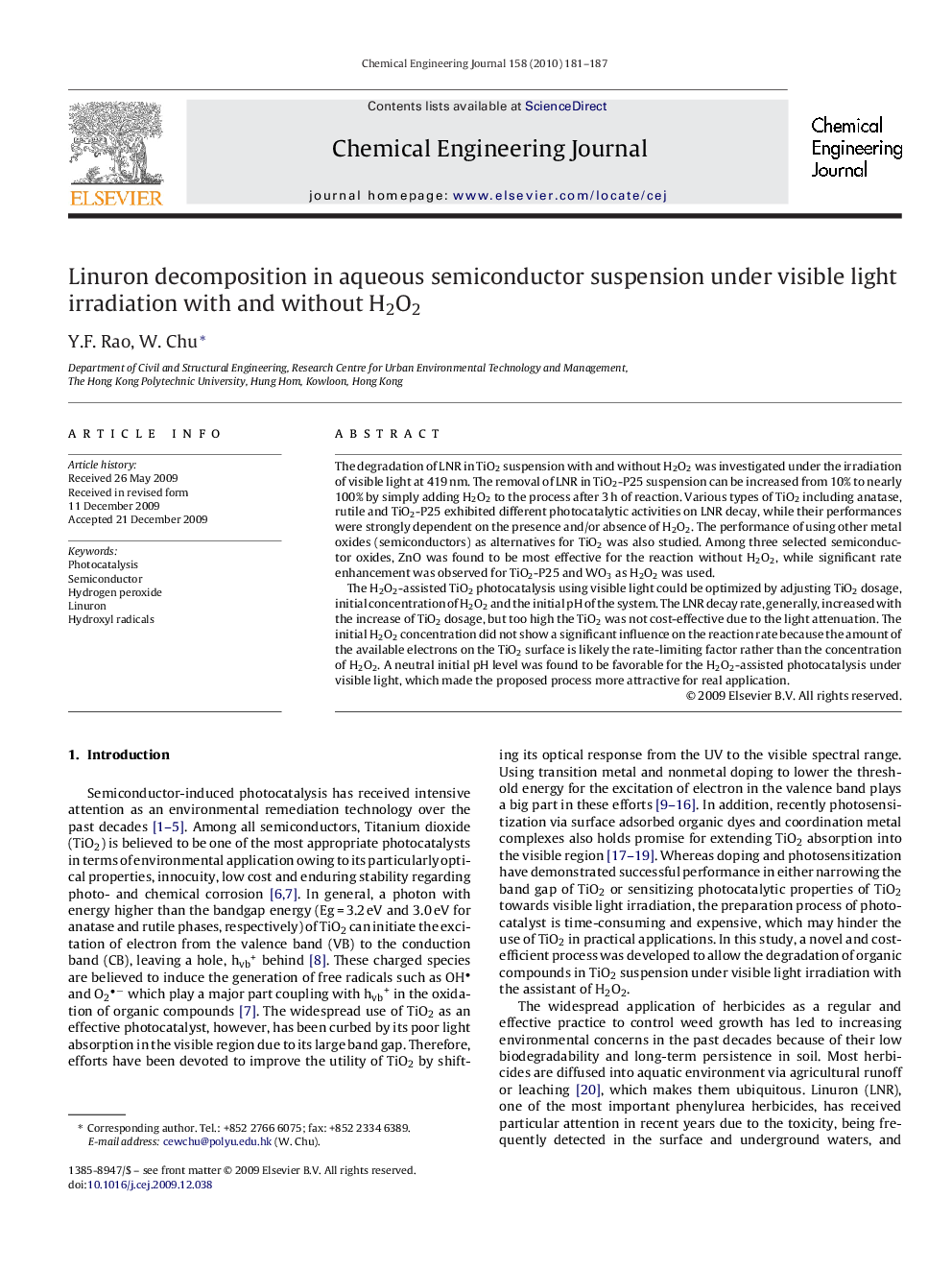 Linuron decomposition in aqueous semiconductor suspension under visible light irradiation with and without H2O2