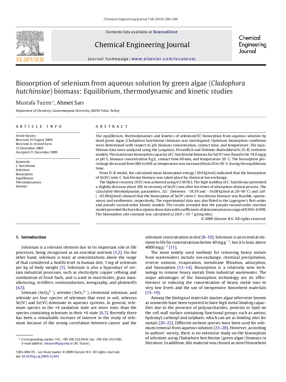 Biosorption of selenium from aqueous solution by green algae (Cladophora hutchinsiae) biomass: Equilibrium, thermodynamic and kinetic studies