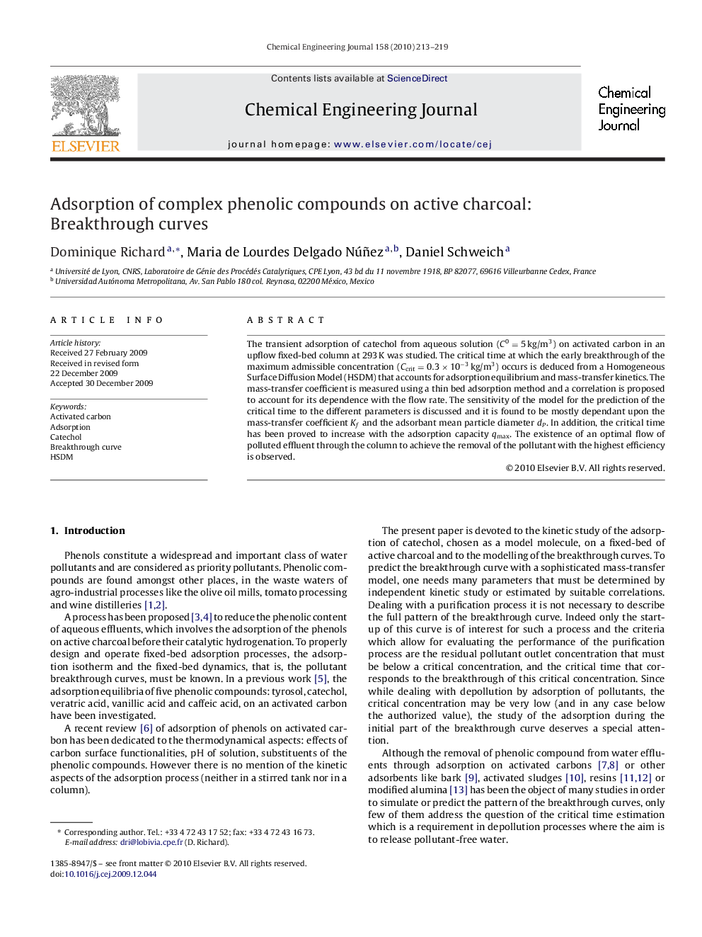 Adsorption of complex phenolic compounds on active charcoal: Breakthrough curves