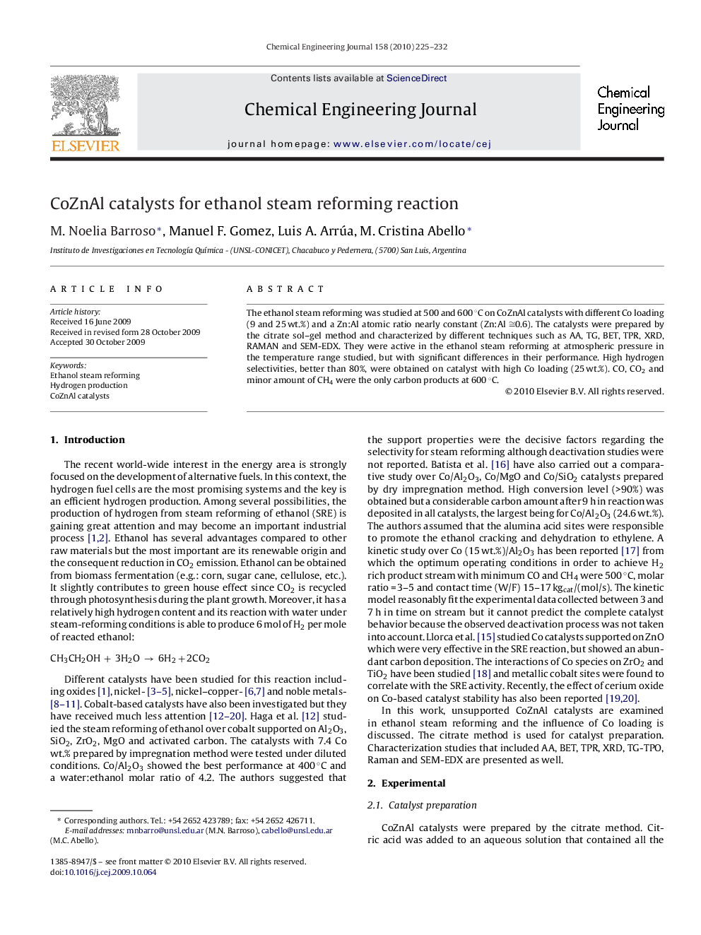 CoZnAl catalysts for ethanol steam reforming reaction