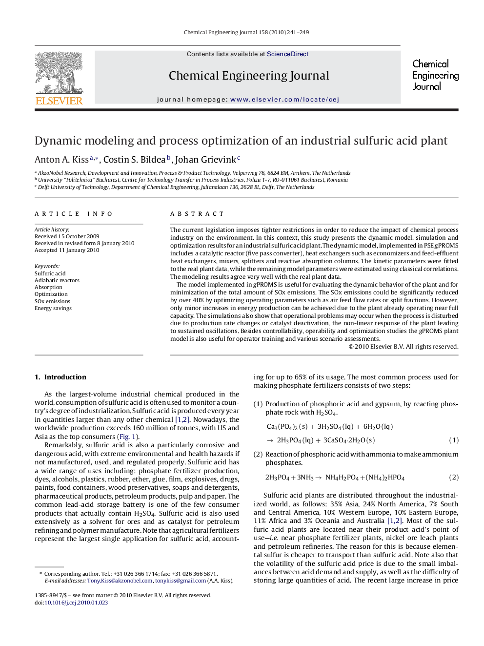 Dynamic modeling and process optimization of an industrial sulfuric acid plant