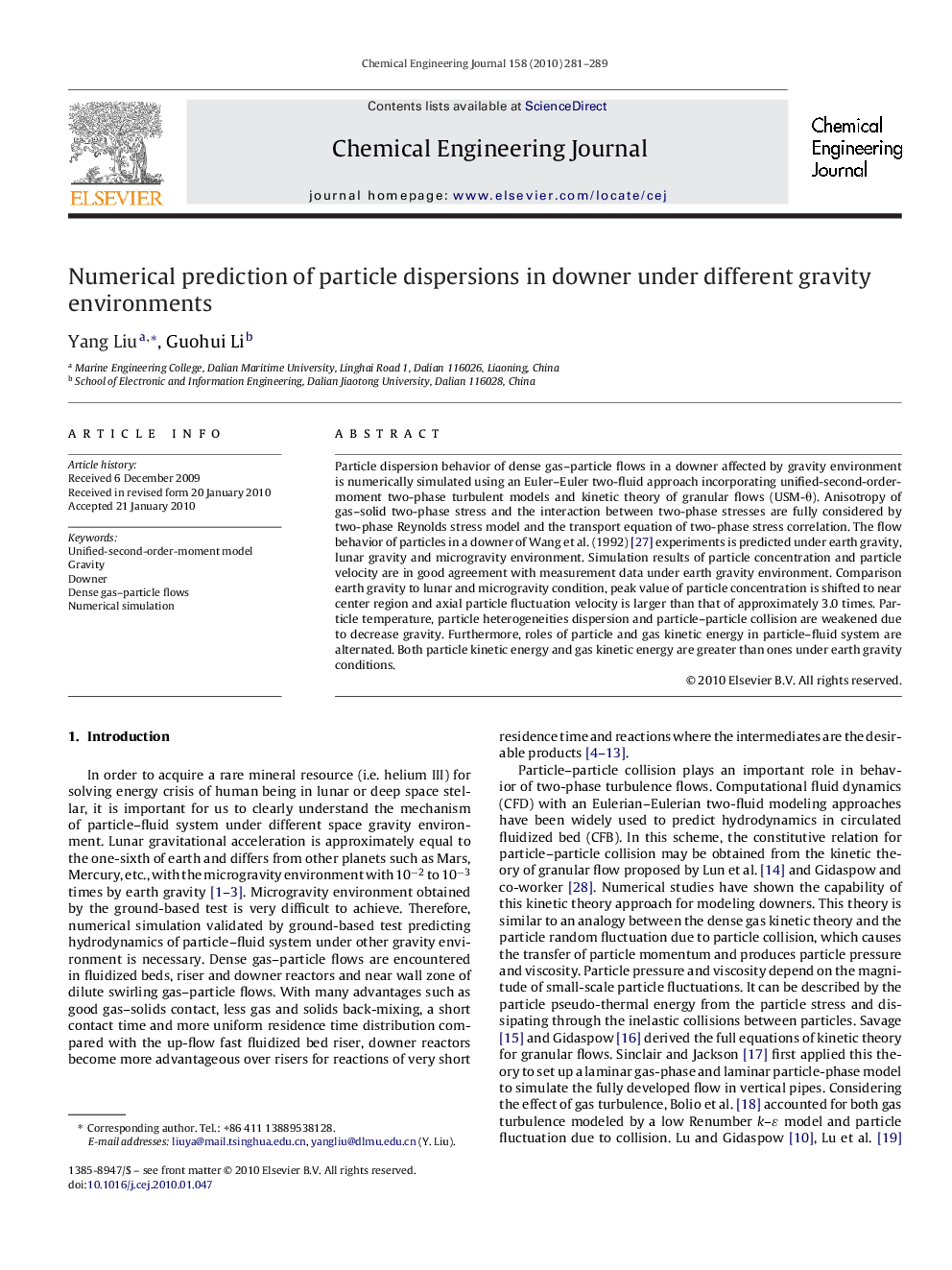 Numerical prediction of particle dispersions in downer under different gravity environments