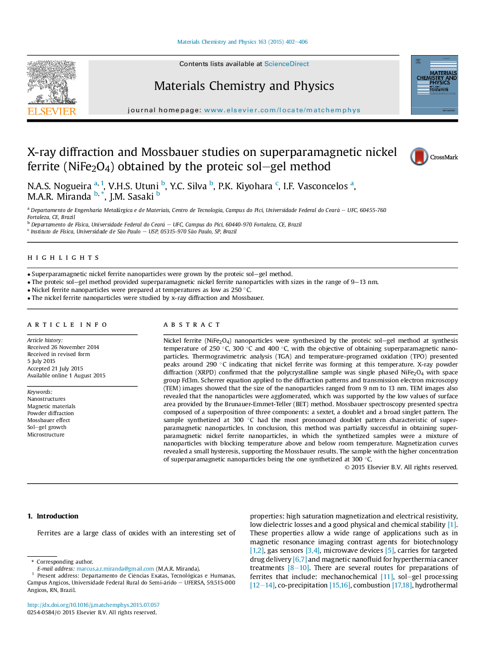 X-ray diffraction and Mossbauer studies on superparamagnetic nickel ferrite (NiFe2O4) obtained by the proteic sol–gel method