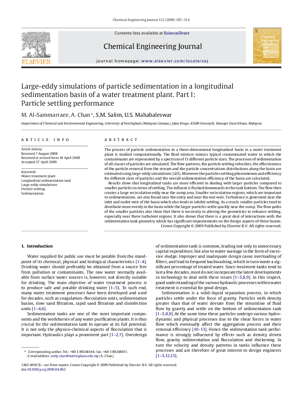 عکس صفحه اول مقاله: Large-eddy simulations of particle sedimentation in a longitudinal sedimentation basin of a water treatment plant. Part I: Particle settling performance Large-eddy simulations of particle sedimentation in a longitudinal sedimentation basin of a water treatment plant. Part I: Particle settling performance