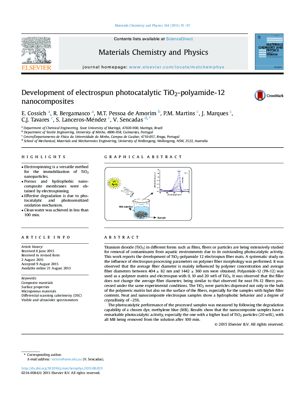 Development of electrospun photocatalytic TiO2-polyamide-12 nanocomposites