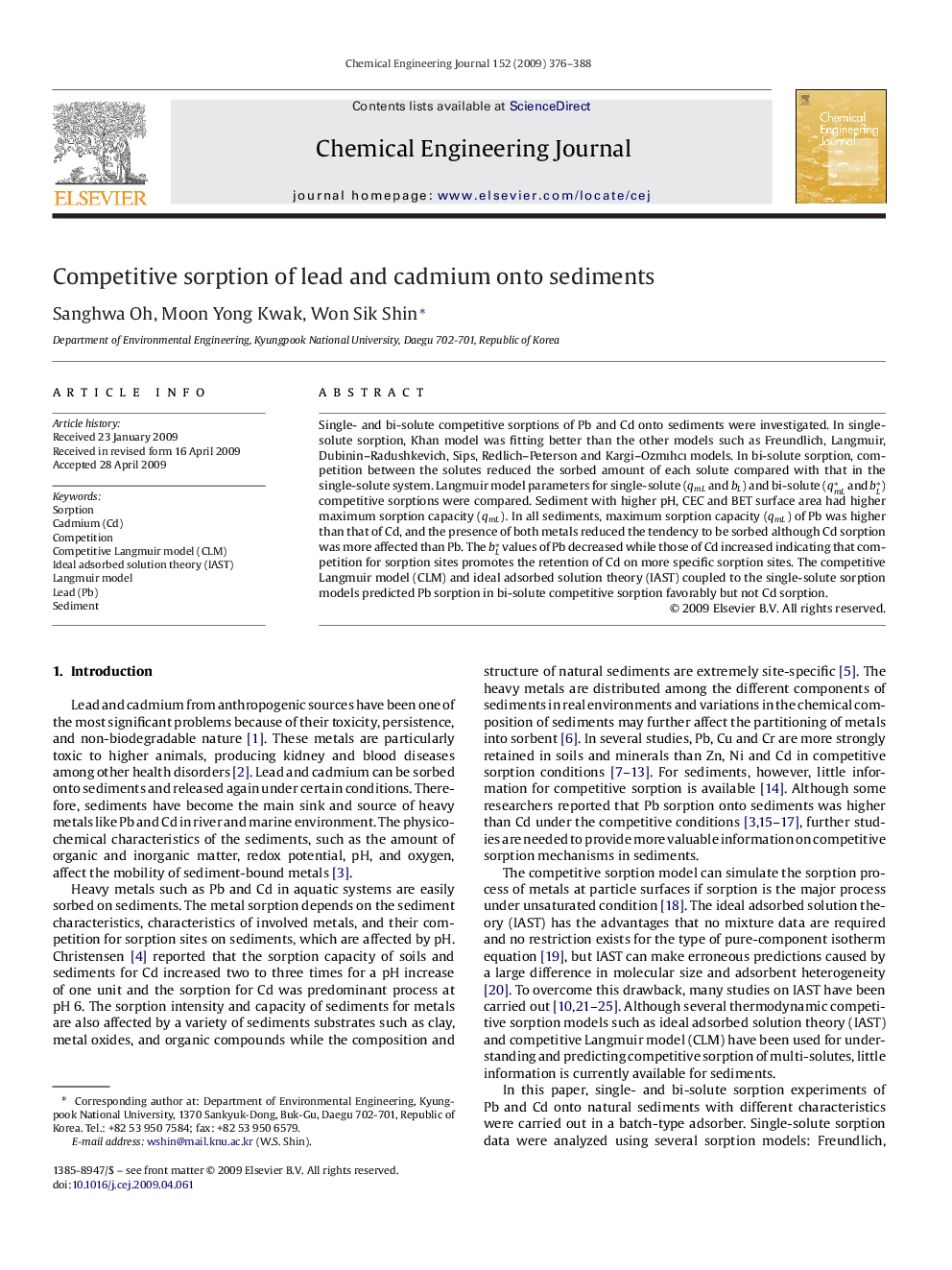 Competitive sorption of lead and cadmium onto sediments