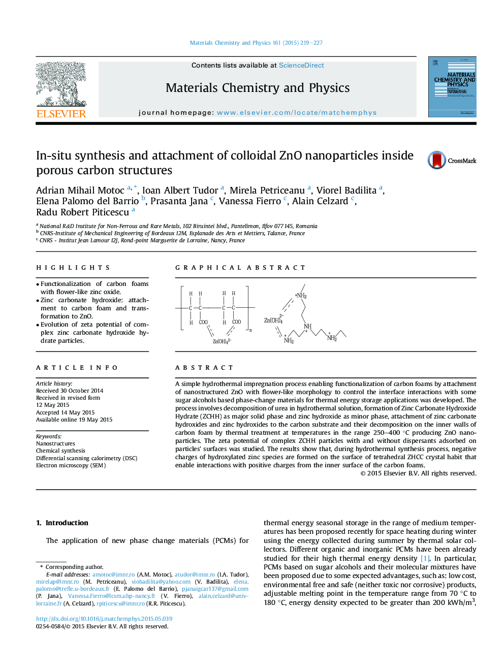 In-situ synthesis and attachment of colloidal ZnO nanoparticles inside porous carbon structures