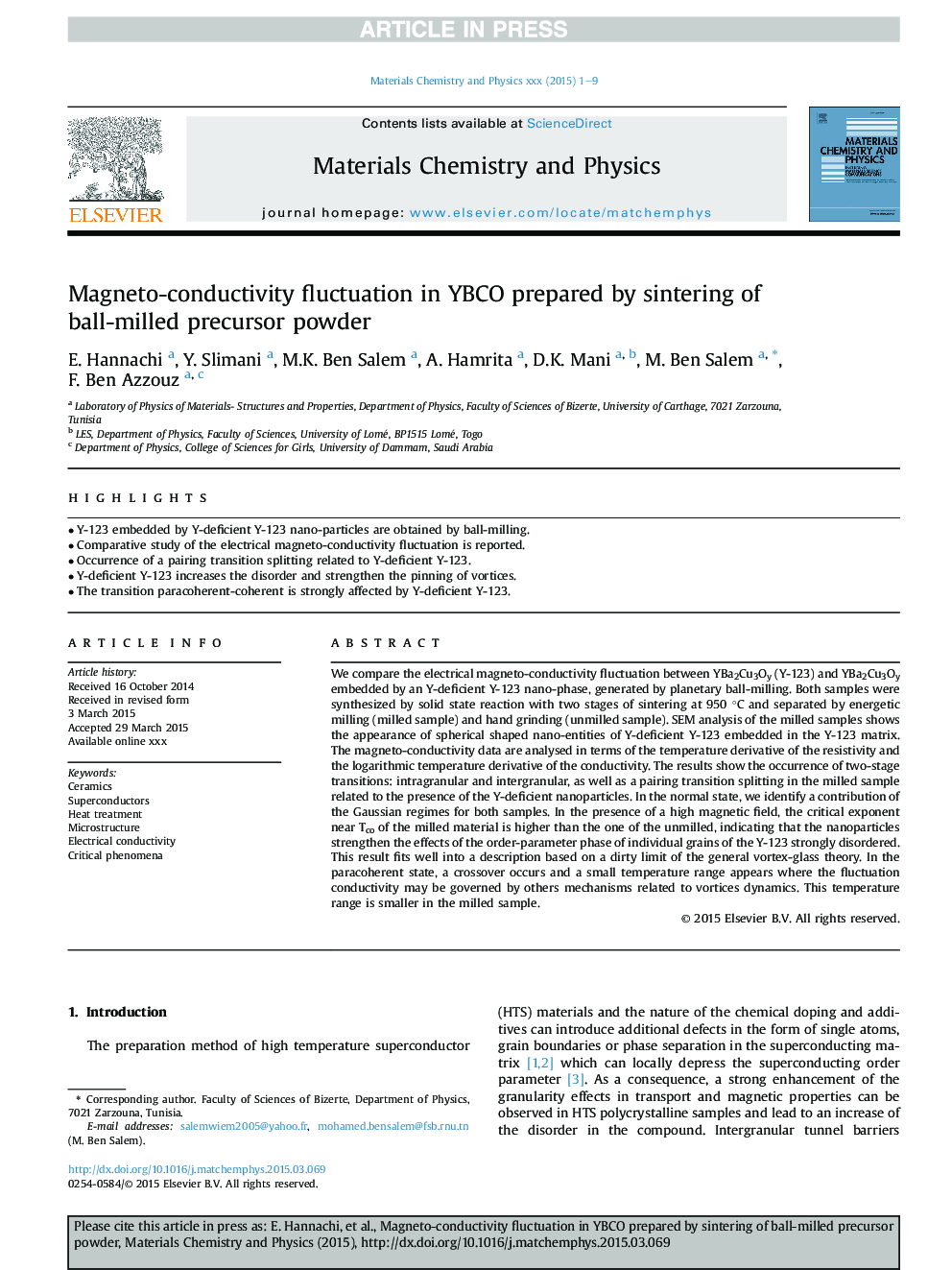 Magneto-conductivity fluctuation in YBCO prepared by sintering of ball-milled precursor powder