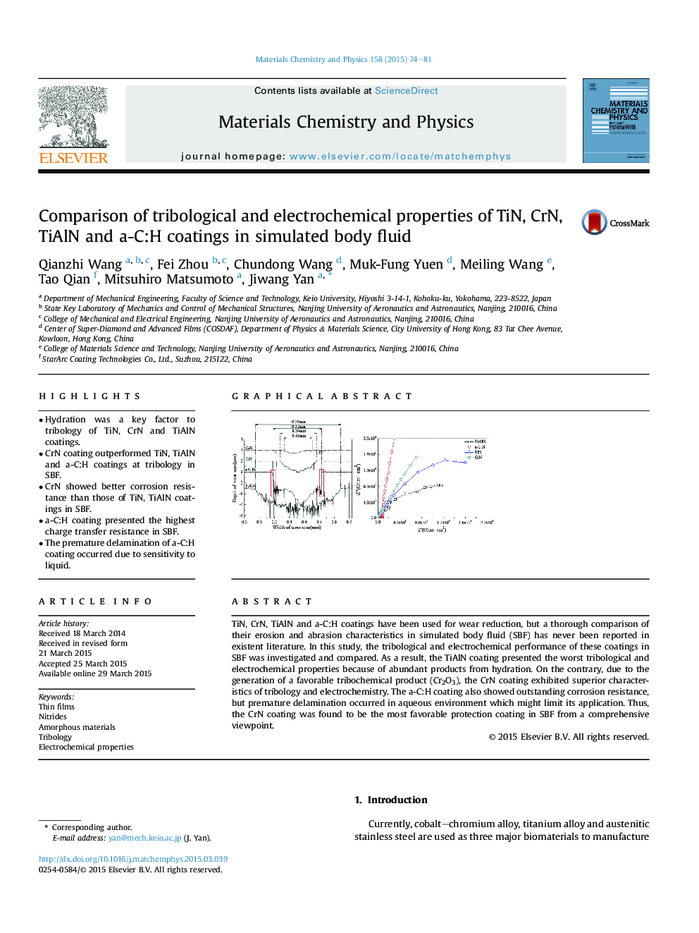 Comparison of tribological and electrochemical properties of TiN, CrN, TiAlN and a-C:H coatings in simulated body fluid