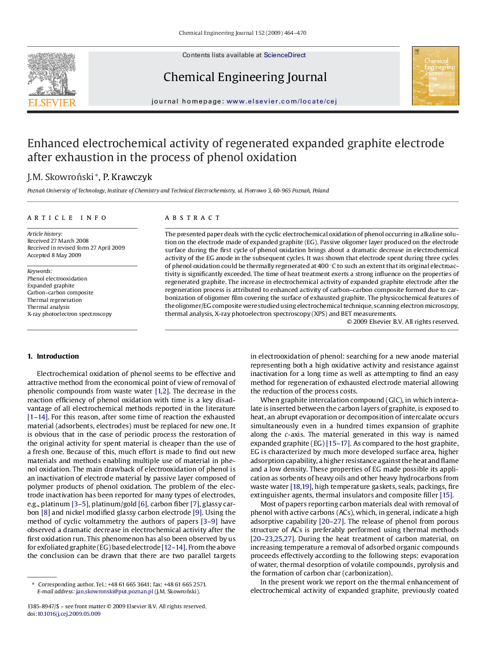 Enhanced electrochemical activity of regenerated expanded graphite electrode after exhaustion in the process of phenol oxidation