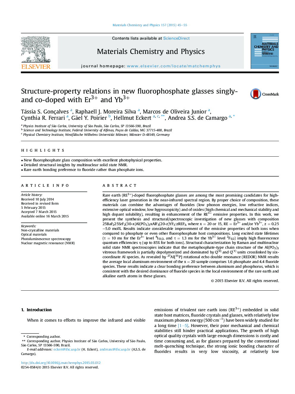 عکس صفحه اول مقاله: Structure-property relations in new fluorophosphate glasses singly- and co-doped with Er3+ and Yb3+ Structure-property relations in new fluorophosphate glasses singly- and co-doped with Er3+ and Yb3+
