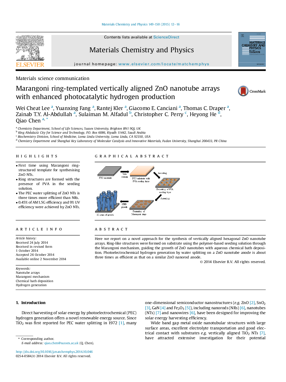 Marangoni ring-templated vertically aligned ZnO nanotube arrays with enhanced photocatalytic hydrogen production