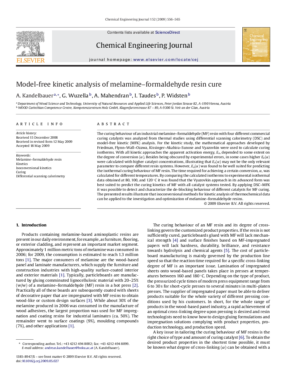 Model-free kinetic analysis of melamine–formaldehyde resin cure