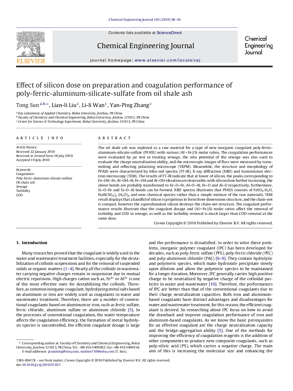 Effect of silicon dose on preparation and coagulation performance of poly-ferric-aluminum-silicate-sulfate from oil shale ash