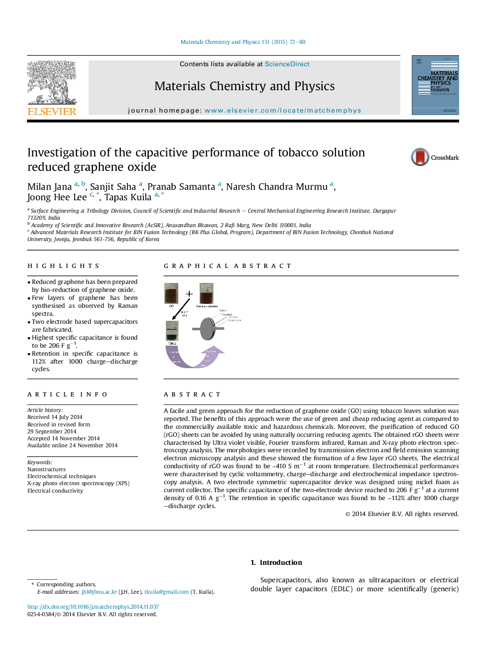 Investigation of the capacitive performance of tobacco solution reduced graphene oxide