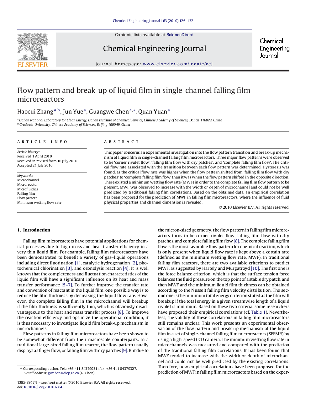 Flow pattern and break-up of liquid film in single-channel falling film microreactors