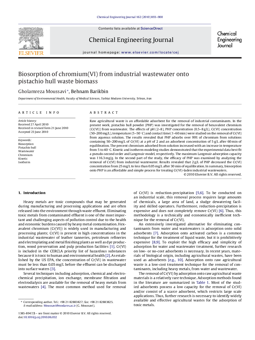 Biosorption of chromium(VI) from industrial wastewater onto pistachio hull waste biomass