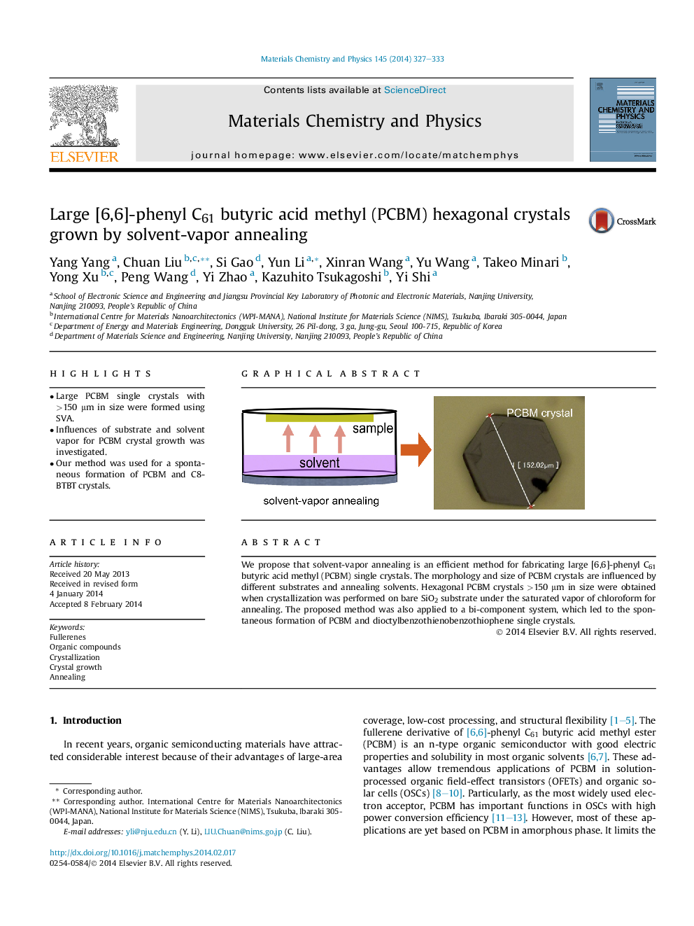 Large [6,6]-phenyl C61 butyric acid methyl (PCBM) hexagonal crystals grown by solvent-vapor annealing