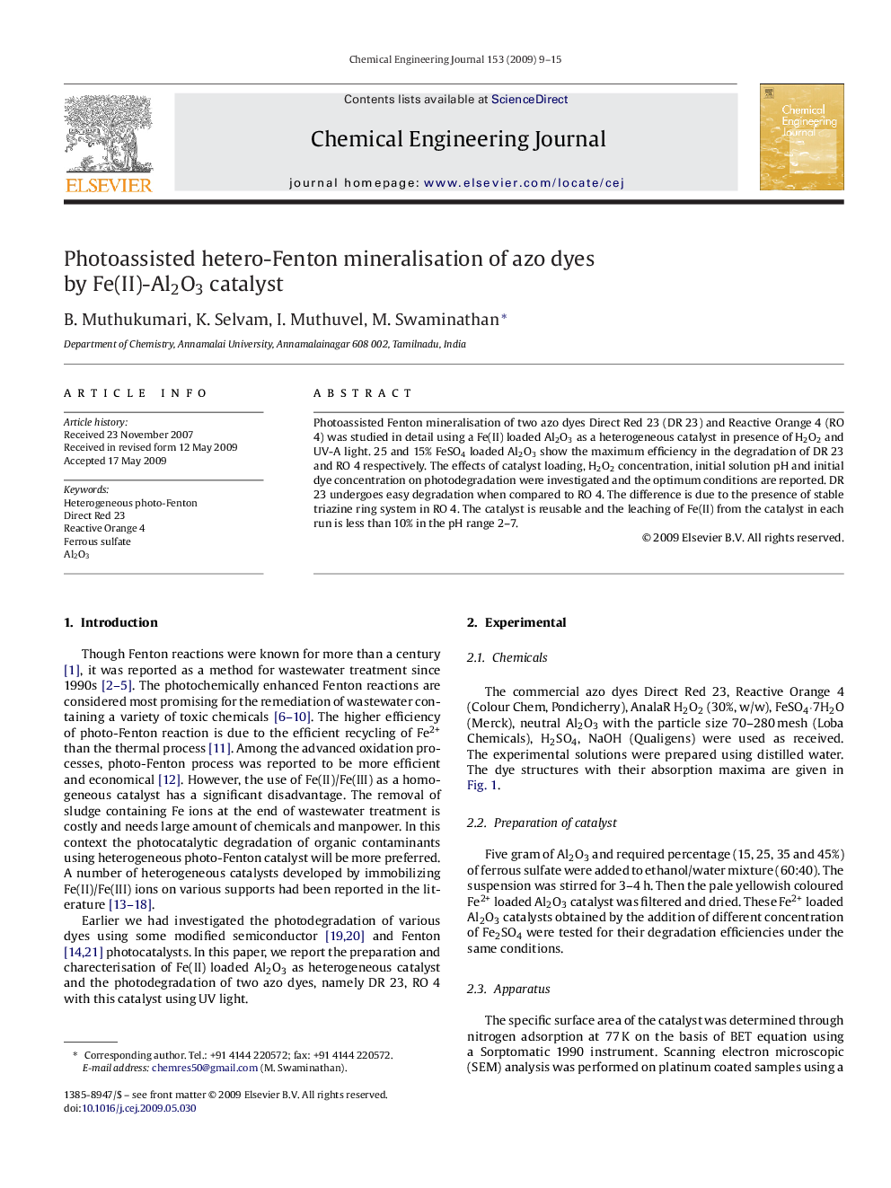 Photoassisted hetero-Fenton mineralisation of azo dyes by Fe(II)-Al2O3 catalyst