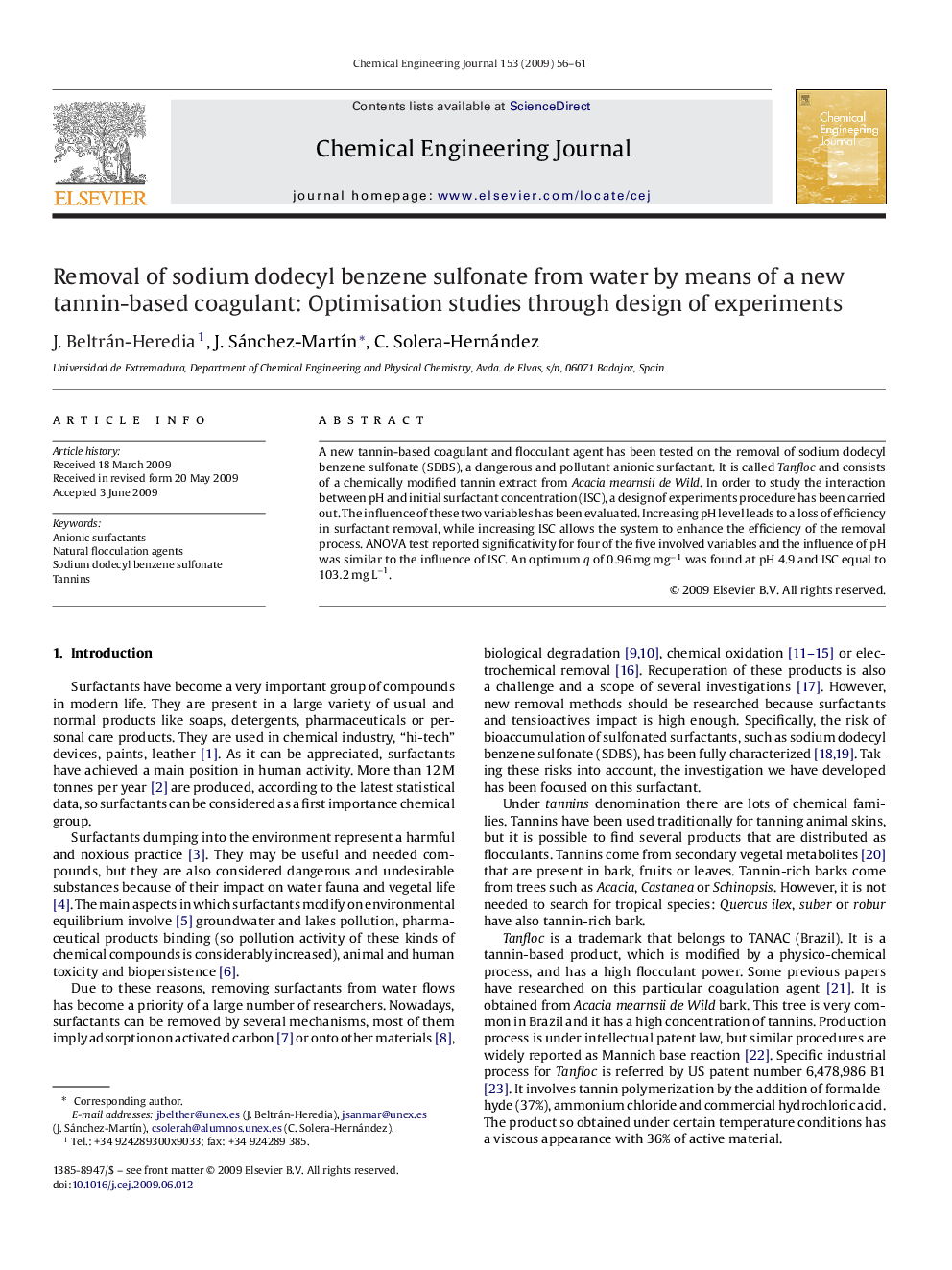 Removal of sodium dodecyl benzene sulfonate from water by means of a new tannin-based coagulant: Optimisation studies through design of experiments