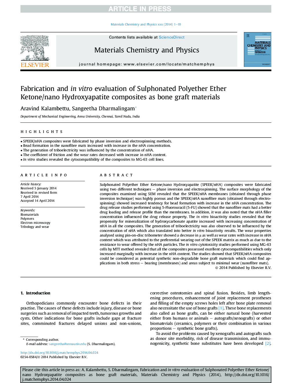 Fabrication and inÂ vitro evaluation of Sulphonated Polyether Ether Ketone/nano Hydroxyapatite composites as bone graft materials