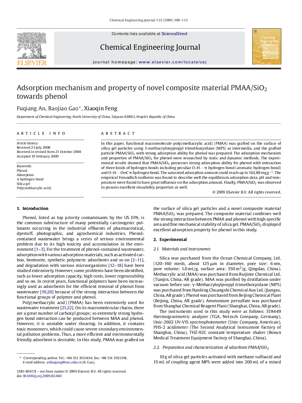 Adsorption mechanism and property of novel composite material PMAA/SiO2 towards phenol