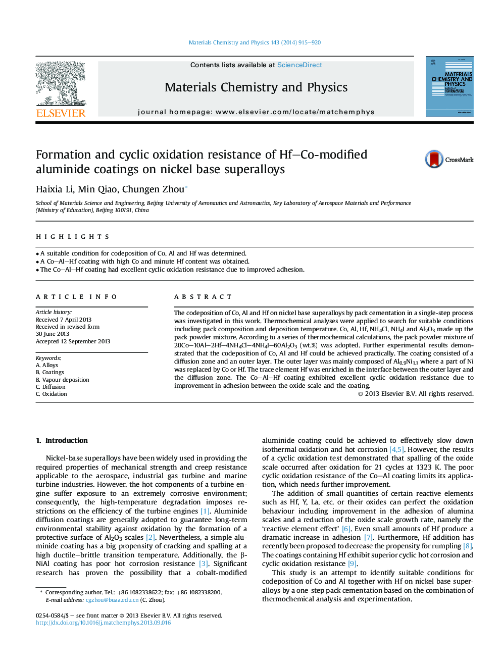 Formation and cyclic oxidation resistance of Hf–Co-modified aluminide coatings on nickel base superalloys