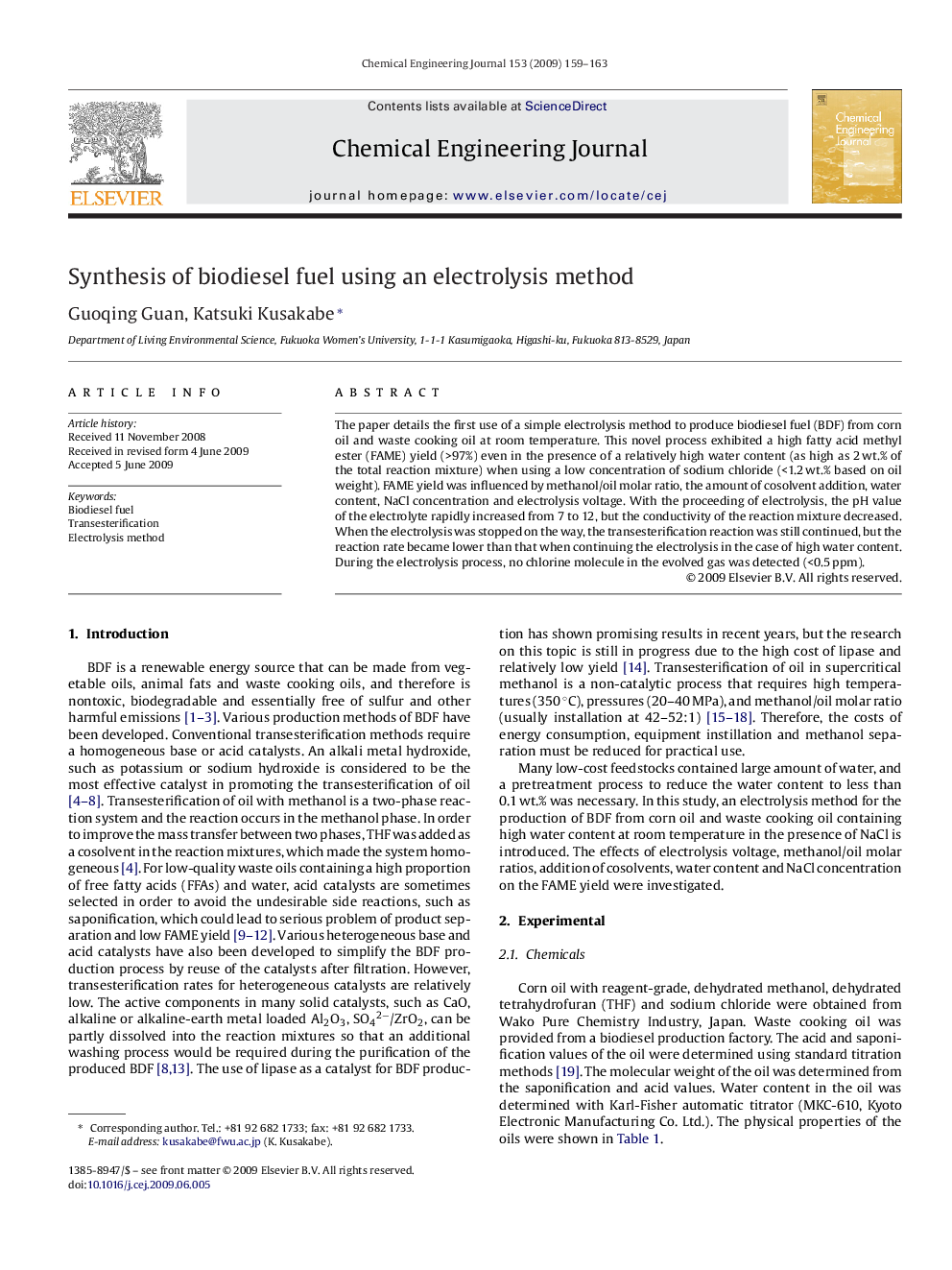 Synthesis of biodiesel fuel using an electrolysis method