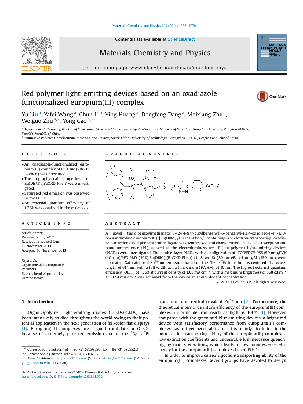 Red polymer light-emitting devices based on an oxadiazole-functionalized europium(III) complex