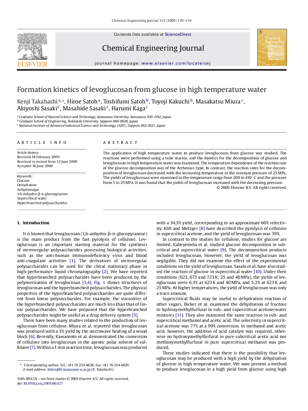 عکس صفحه اول مقاله: Formation kinetics of levoglucosan from glucose in high temperature water Formation kinetics of levoglucosan from glucose in high temperature water