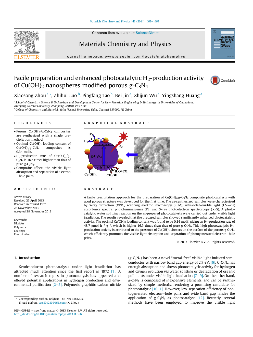 Facile preparation and enhanced photocatalytic H2-production activity of Cu(OH)2 nanospheres modified porous g-C3N4