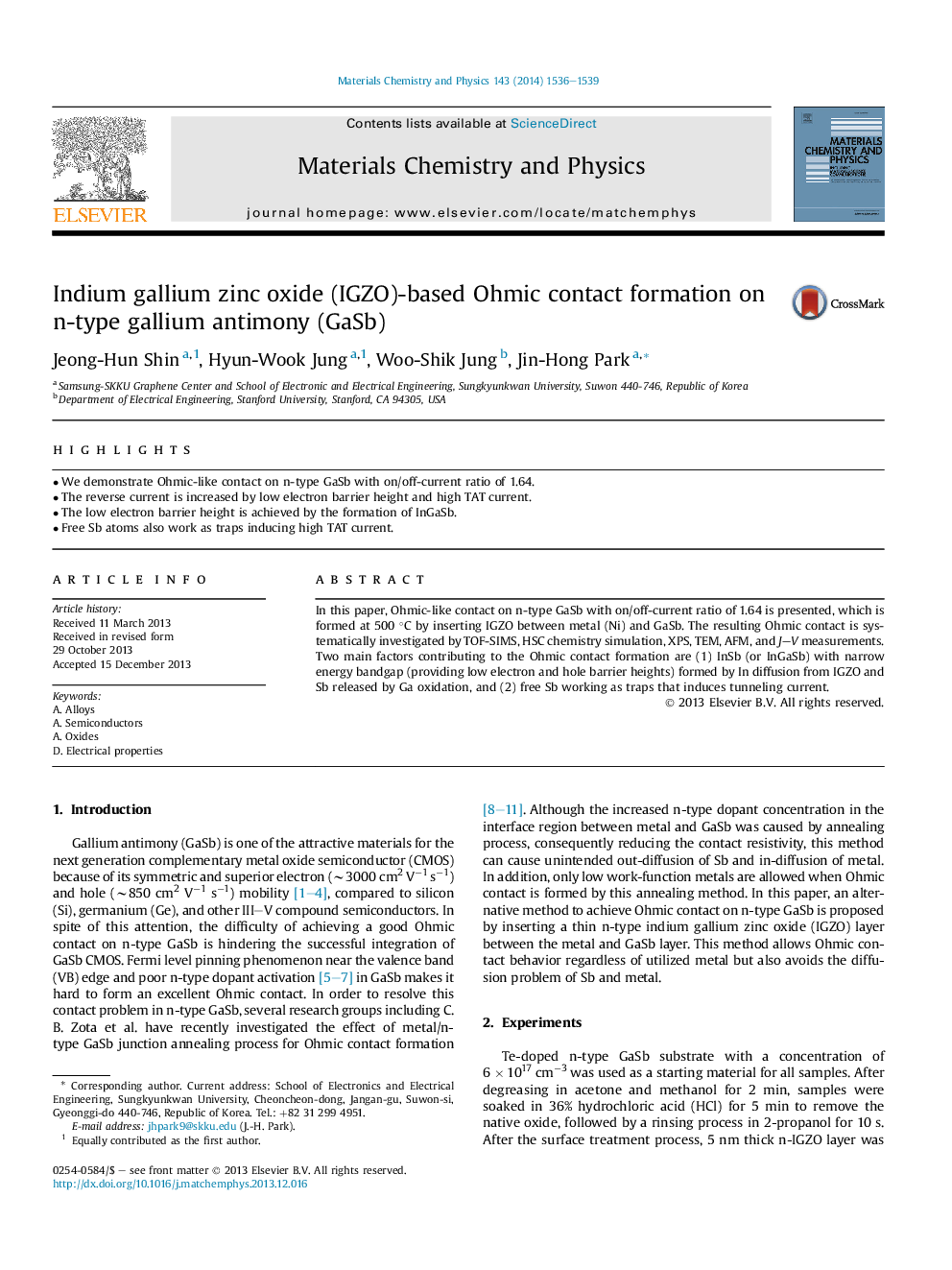 Indium gallium zinc oxide (IGZO)-based Ohmic contact formation on n-type gallium antimony (GaSb)