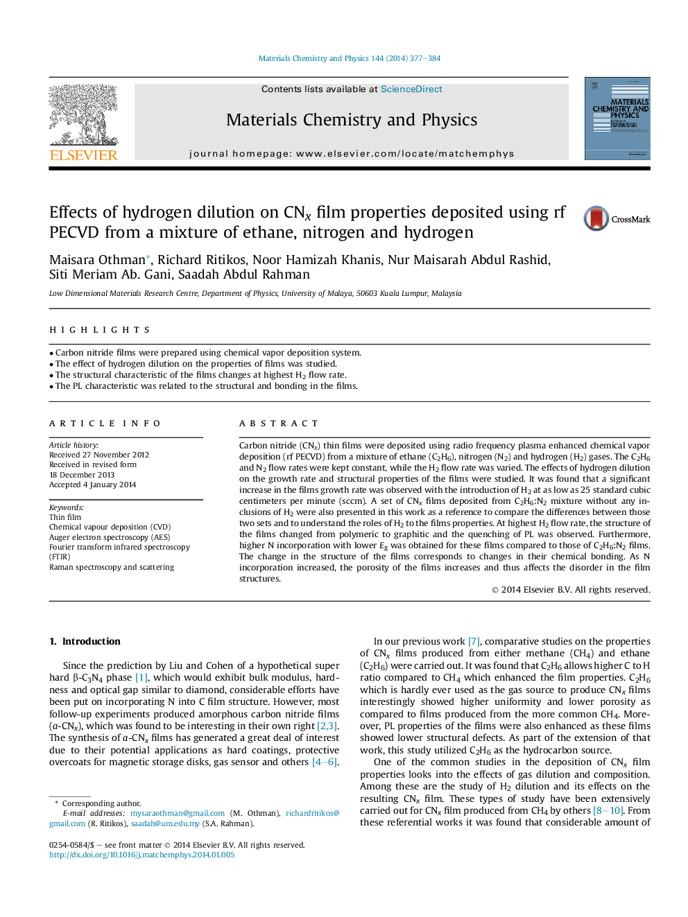 Effects of hydrogen dilution on CNx film properties deposited using rf PECVD from a mixture of ethane, nitrogen and hydrogen