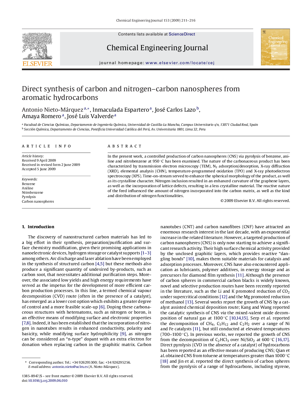 Direct synthesis of carbon and nitrogen–carbon nanospheres from aromatic hydrocarbons