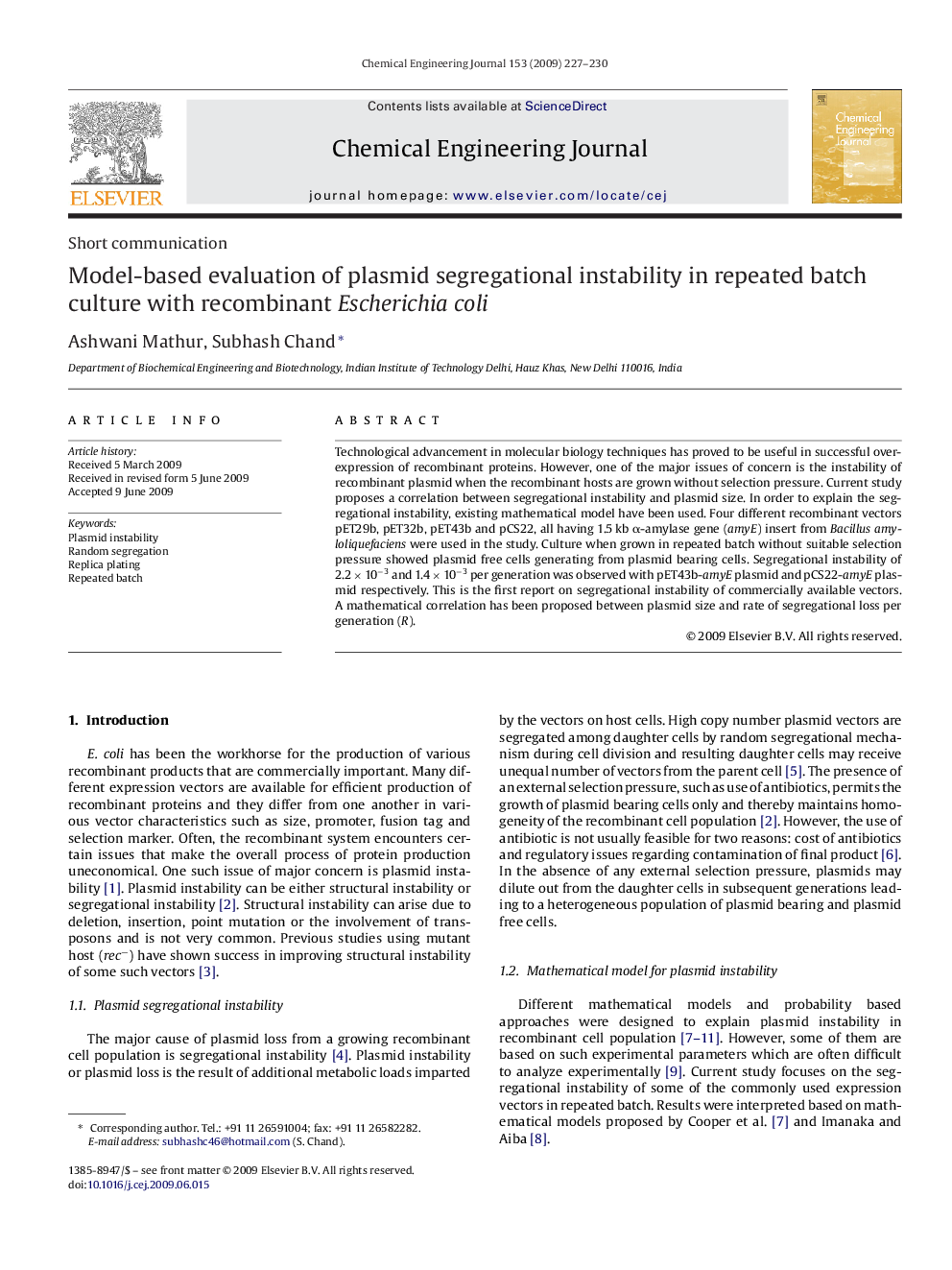 Model-based evaluation of plasmid segregational instability in repeated batch culture with recombinant Escherichia coli