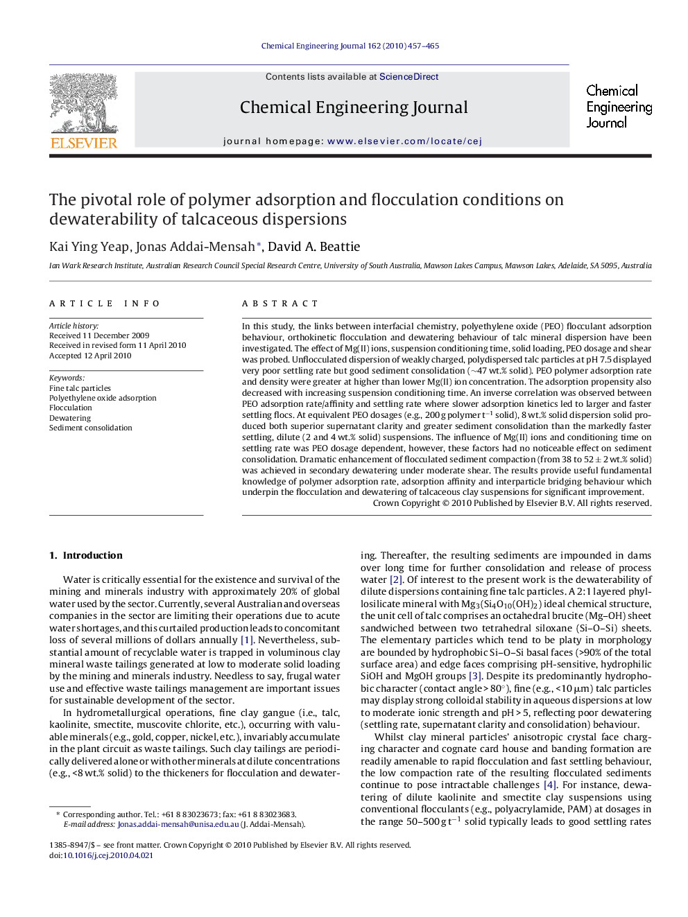 عکس صفحه اول مقاله: The pivotal role of polymer adsorption and flocculation conditions on dewaterability of talcaceous dispersions The pivotal role of polymer adsorption and flocculation conditions on dewaterability of talcaceous dispersions