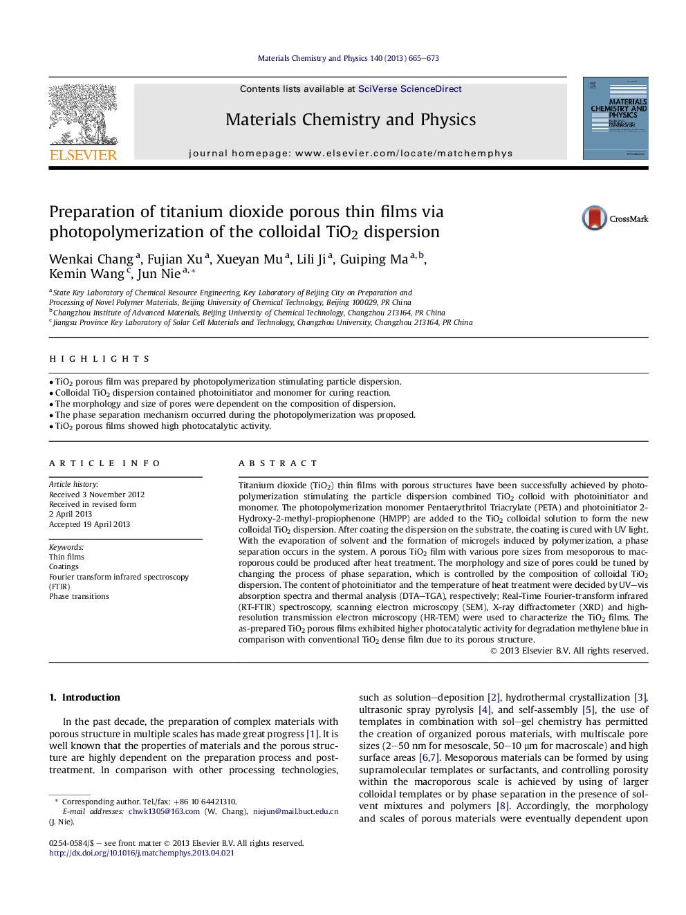 Preparation of titanium dioxide porous thin films via photopolymerization of the colloidal TiO2 dispersion