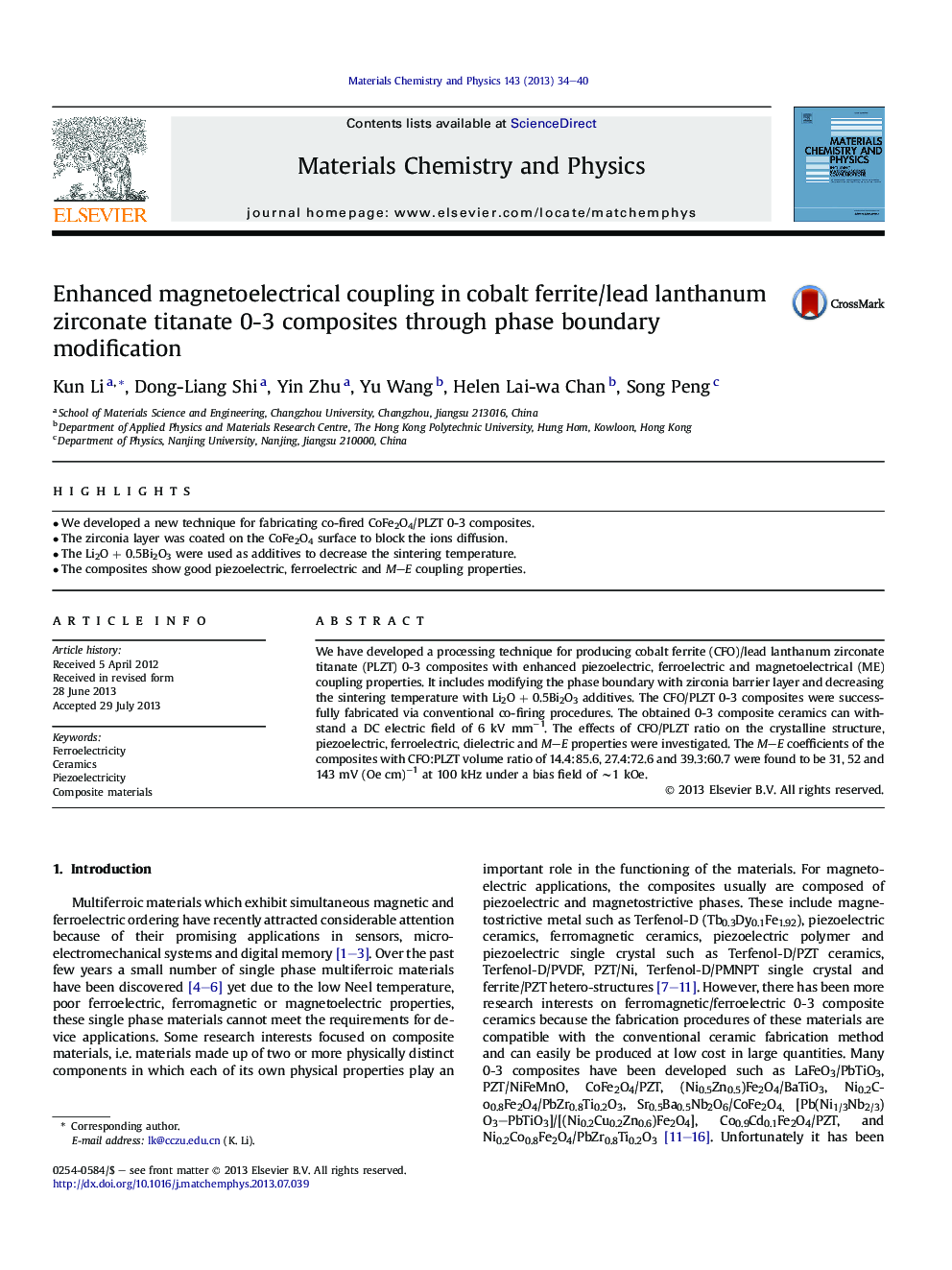 Enhanced magnetoelectrical coupling in cobalt ferrite/lead lanthanum zirconate titanate 0-3 composites through phase boundary modification