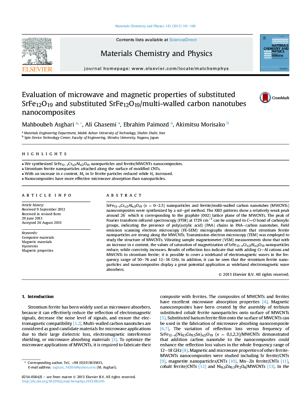 Evaluation of microwave and magnetic properties of substituted SrFe12O19 and substituted SrFe12O19/multi-walled carbon nanotubes nanocomposites