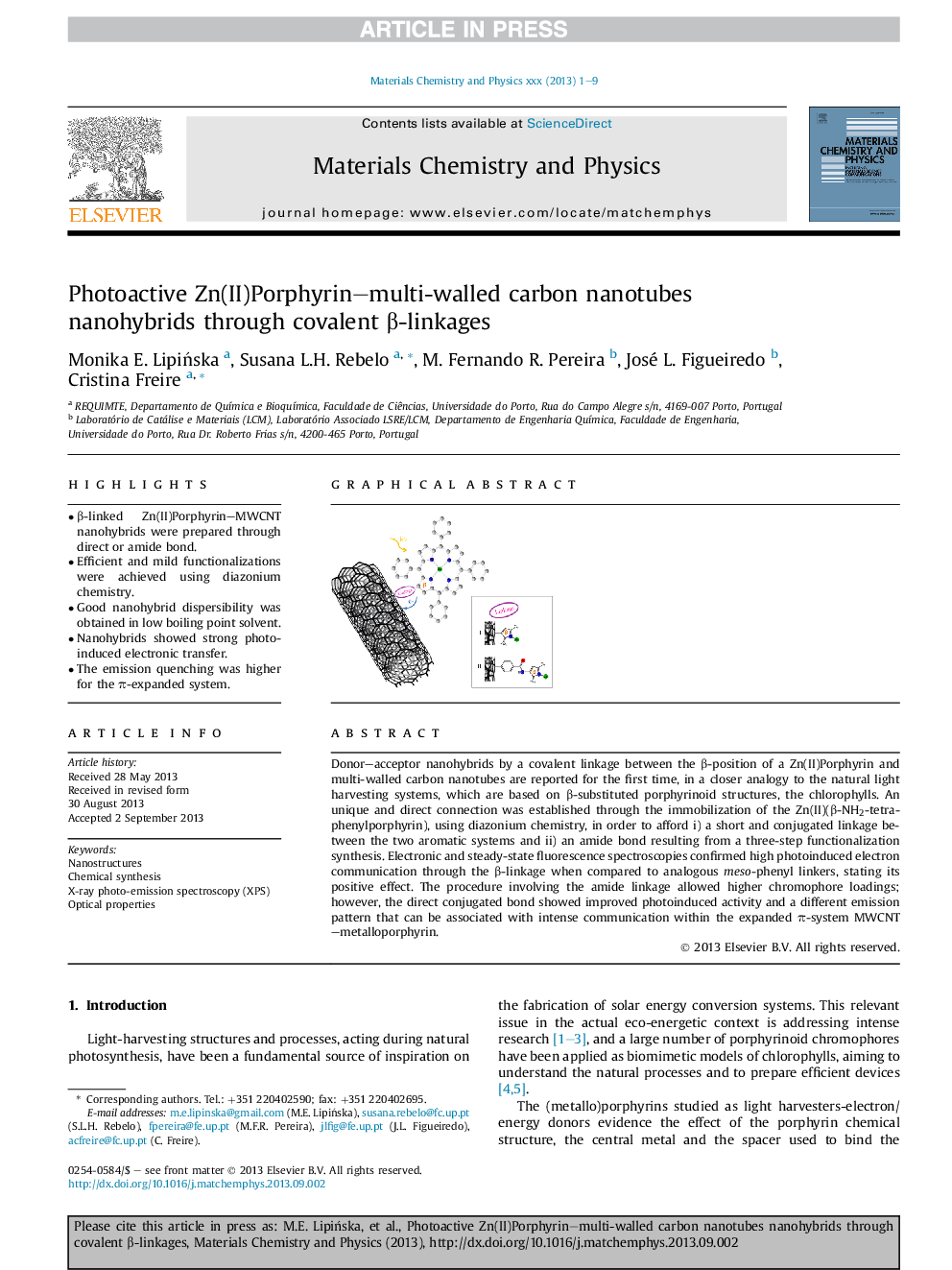 Photoactive Zn(II)Porphyrin-multi-walled carbon nanotubes nanohybrids through covalent Î²-linkages