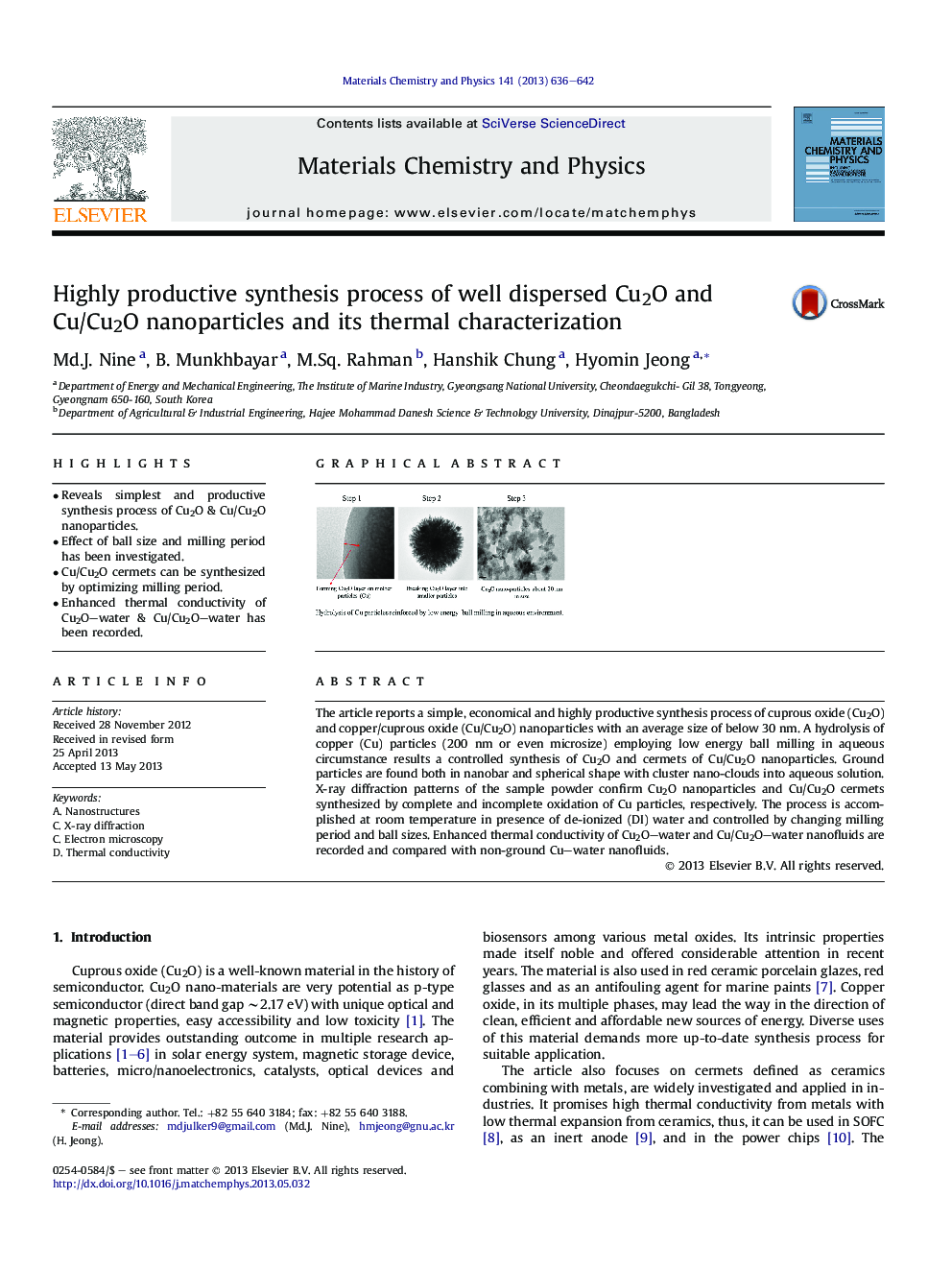 Highly productive synthesis process of well dispersed Cu2O and Cu/Cu2O nanoparticles and its thermal characterization