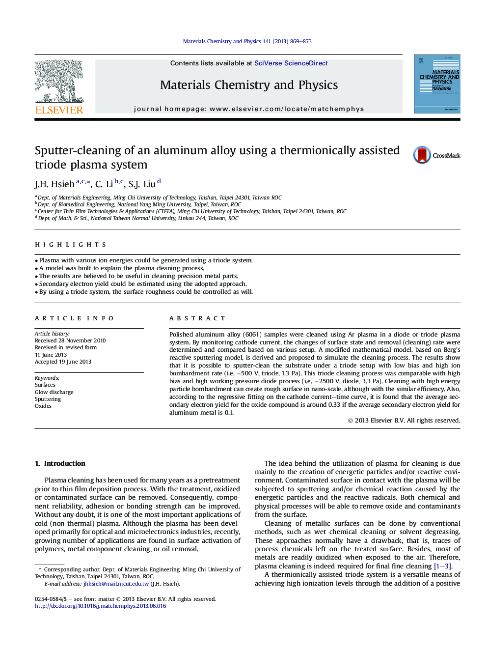 Sputter-cleaning of an aluminum alloy using a thermionically assisted triode plasma system