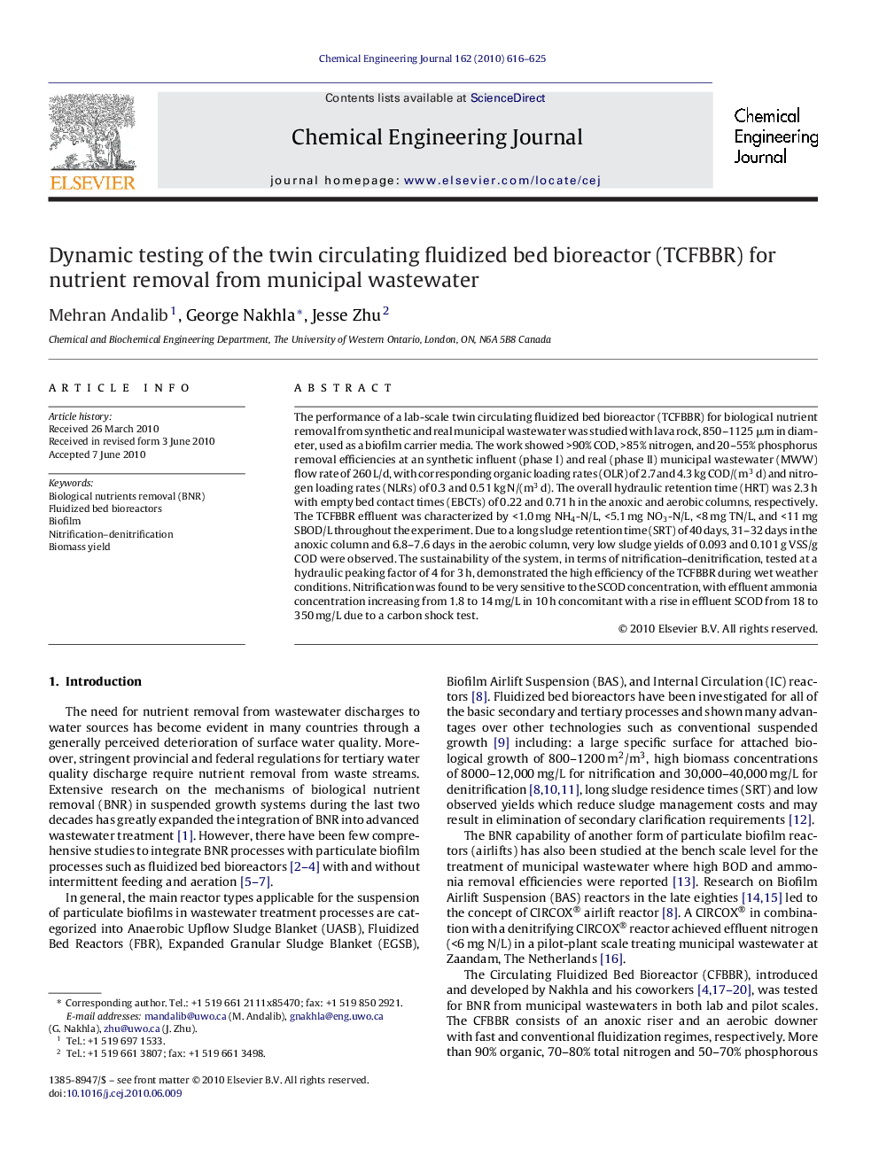 Dynamic testing of the twin circulating fluidized bed bioreactor (TCFBBR) for nutrient removal from municipal wastewater